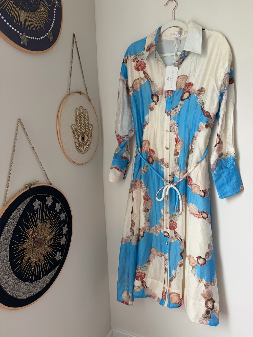 Caroline Constas seashell blue cream long sleeve button up Dress